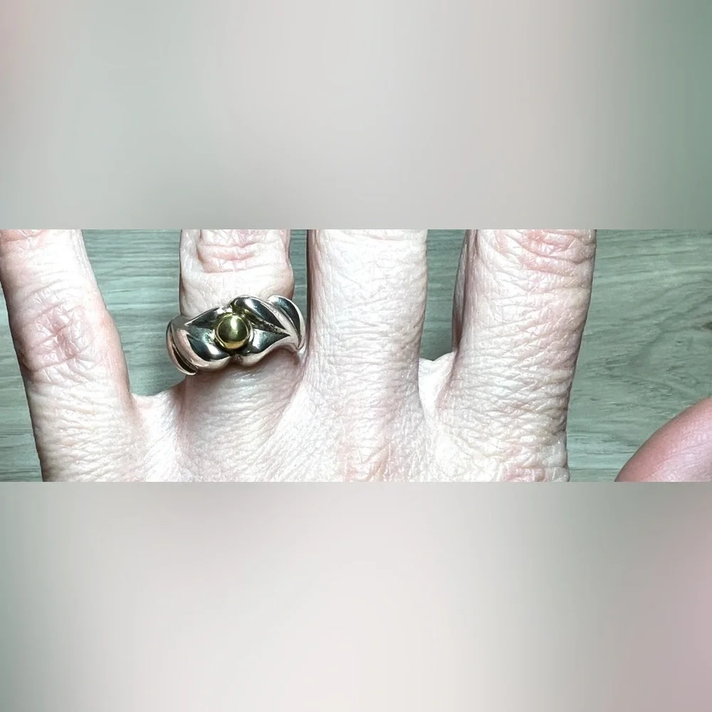 Vintage Designer Signed Sterling Silver & Yellow Gold Band Ring, Size 4.5, 10.6g